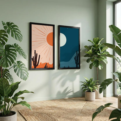 Minimalist Desert Wall Art Set of 2 Framed Prints | Sun & Moon Cactus Landscape Posters with Frames, Boho Neutral Abstract Nature Wall Decor, Scandinavian Aesthetic Artwork for Living Room, Bedroom, Office, Wall Hanging Frame (Art-12, 10x19inch, Wooden)