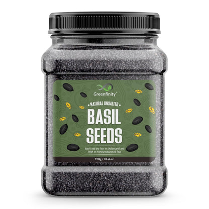 GreenFinity Basil Seeds 750g | Raw Sabja Seeds for Eating | Healthy Snacks | Jar Pack