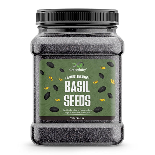 GreenFinity Basil Seeds 750g | Raw Sabja Seeds for Eating | Healthy Snacks | Jar Pack