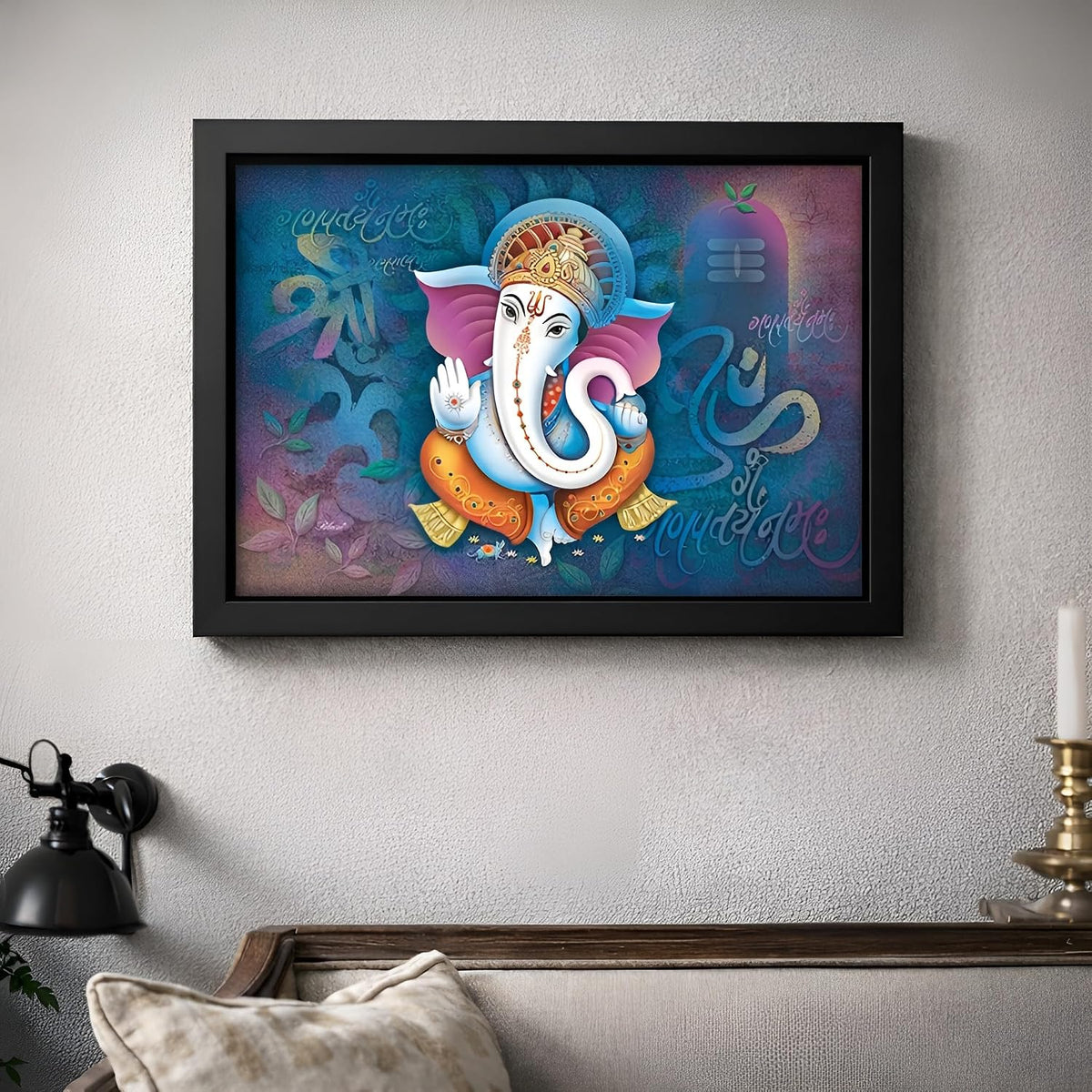 Ganesha Art Framed Painting | Ready to Hang | emits Positive Vibes - (Wooden Fiber Frame, 12inch x 18 inch)