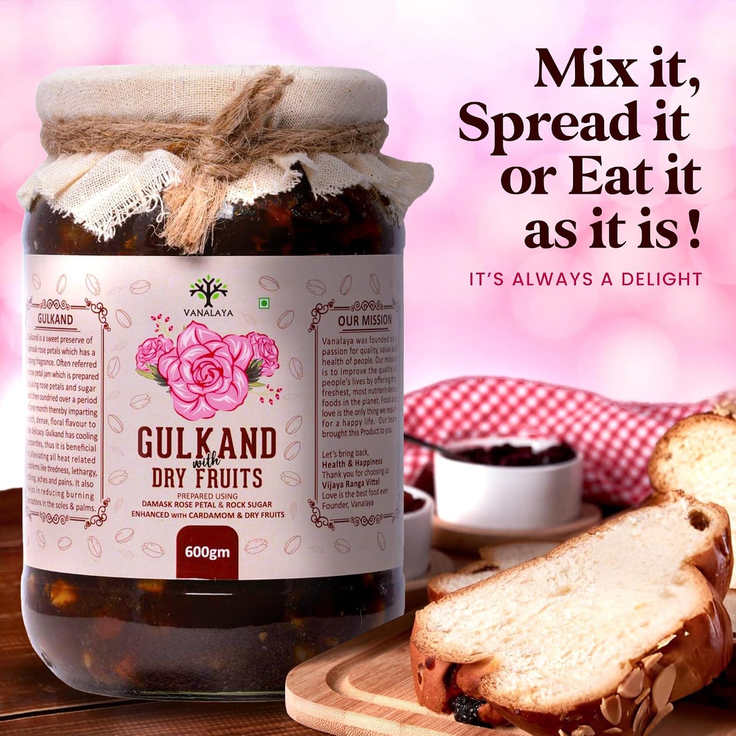 Vanalaya Natural Organic Gulkand Prepared using Sun Cooked Damask Rose along with Dry fruits | Natural | Organic -600 grams