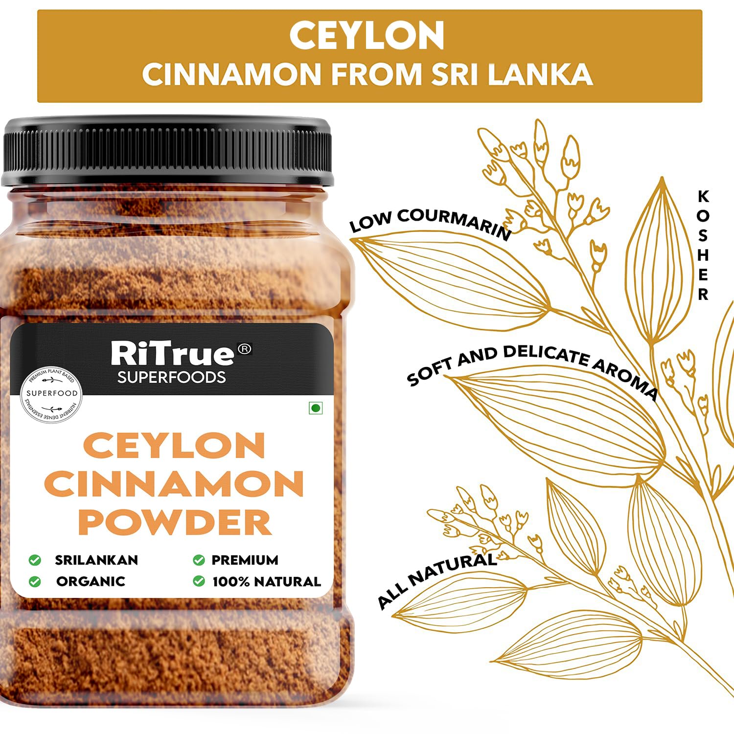 Jar of Ceylon cinnamon powder from Sri Lanka with RiTrue Superfoods branding.
