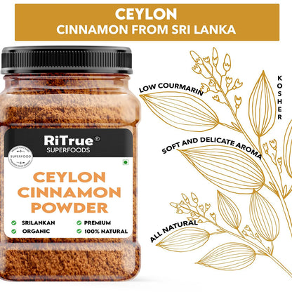 Jar of Ceylon cinnamon powder from Sri Lanka with RiTrue Superfoods branding.