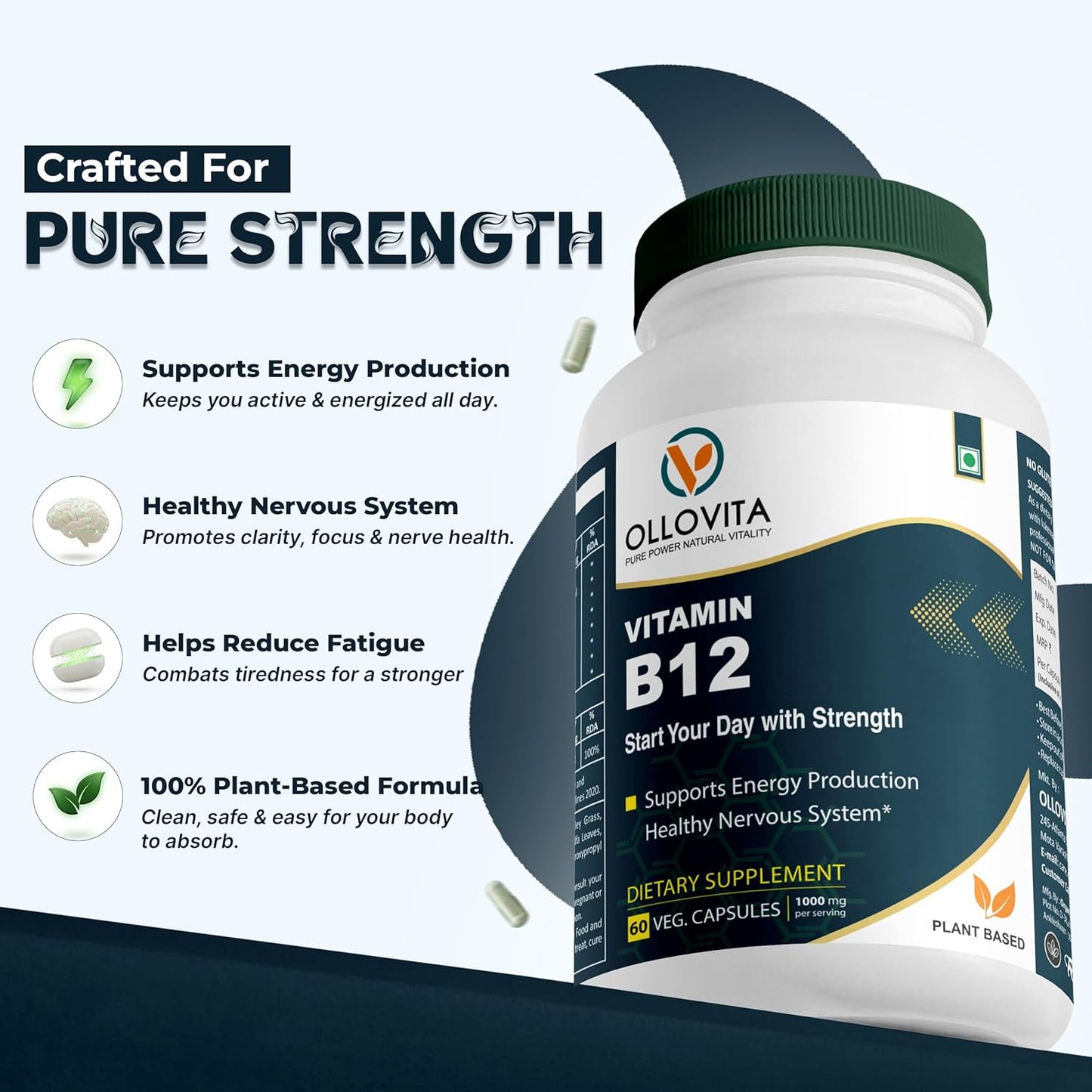 Vitamin B12 Supplement – 1000mcg Plant-Based Veg Capsules for Energy, Metabolism & Nerve Support | Boosts Vitality & Wellness | Supports Red Blood Cells | 60 Capsules