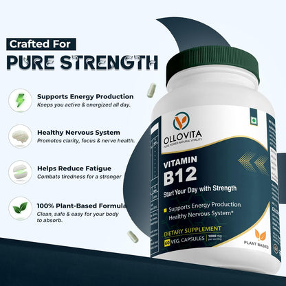 Vitamin B12 Supplement – 1000mcg Plant-Based Veg Capsules for Energy, Metabolism & Nerve Support | Boosts Vitality & Wellness | Supports Red Blood Cells | 60 Capsules