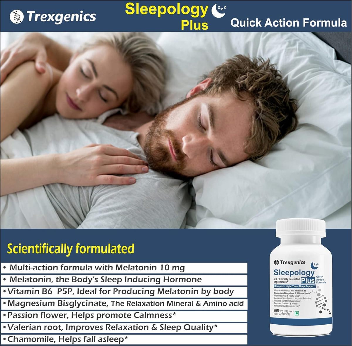 Couple sleeping in bed with Trexgenics Sleepology Plus supplement bottle displayed.