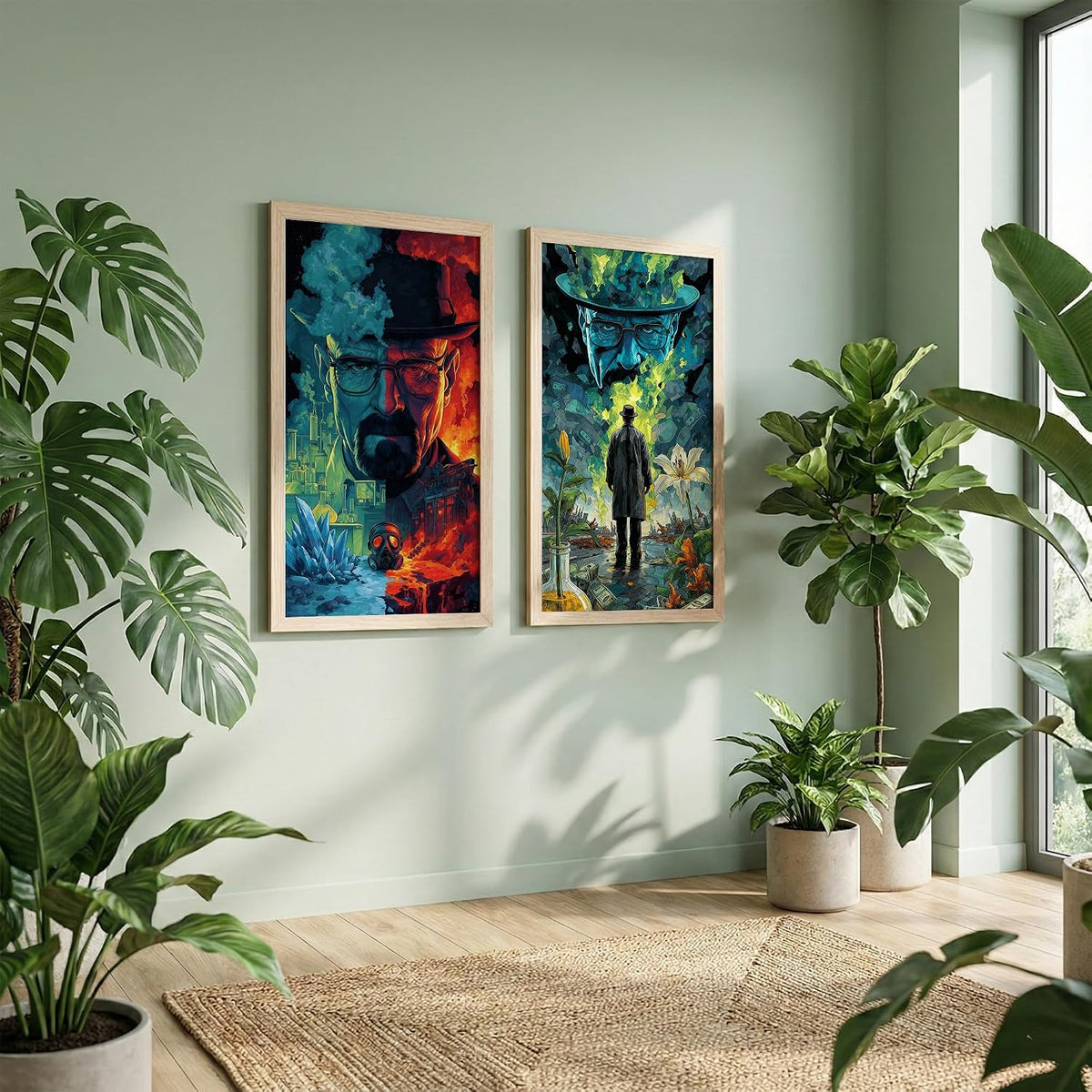 Minimalist Desert Wall Art Set of 2 Framed Prints | Sun & Moon Cactus Landscape Posters with Frame, Boho Neutral Abstract Nature Wall Decor, Scandinavian Aesthetic Artwork for Living Room, Bedroom, Office, Natural Wood Frames (Art-17, 10x19inch, Wooden)