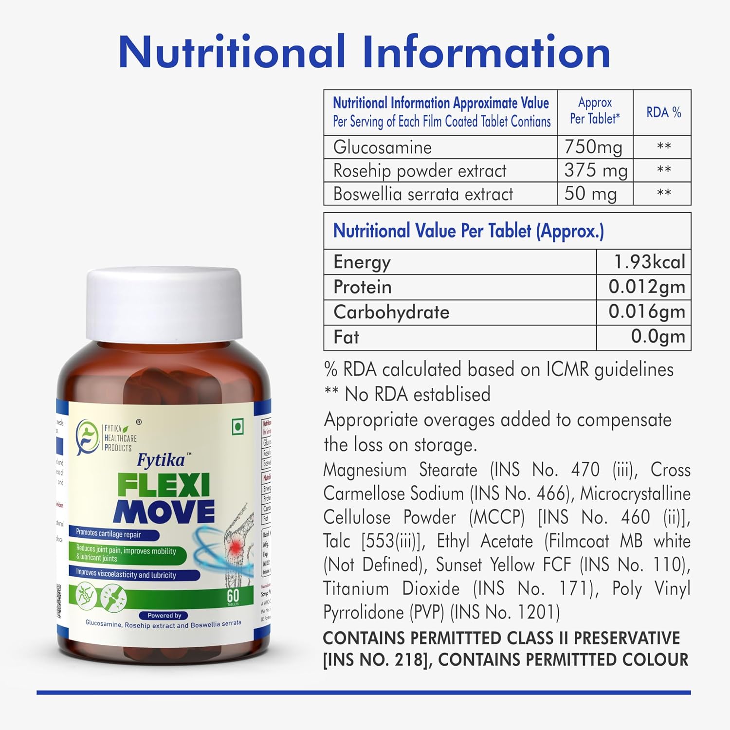 Fytika Flexi Move supplement bottle with nutritional information on a white background