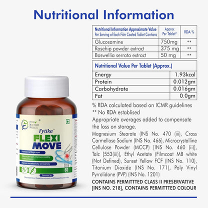 Fytika Flexi Move supplement bottle with nutritional information on a white background