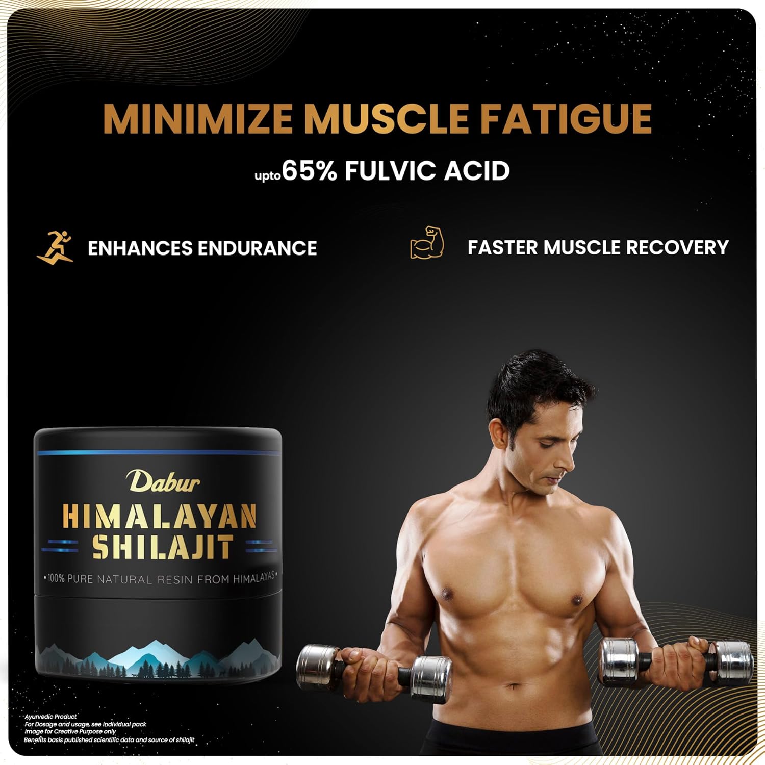Advertisement for Dabur Himalayan Shilajit with a man lifting weights, highlighting benefits like minimizing muscle fatigue and enhancing endurance.