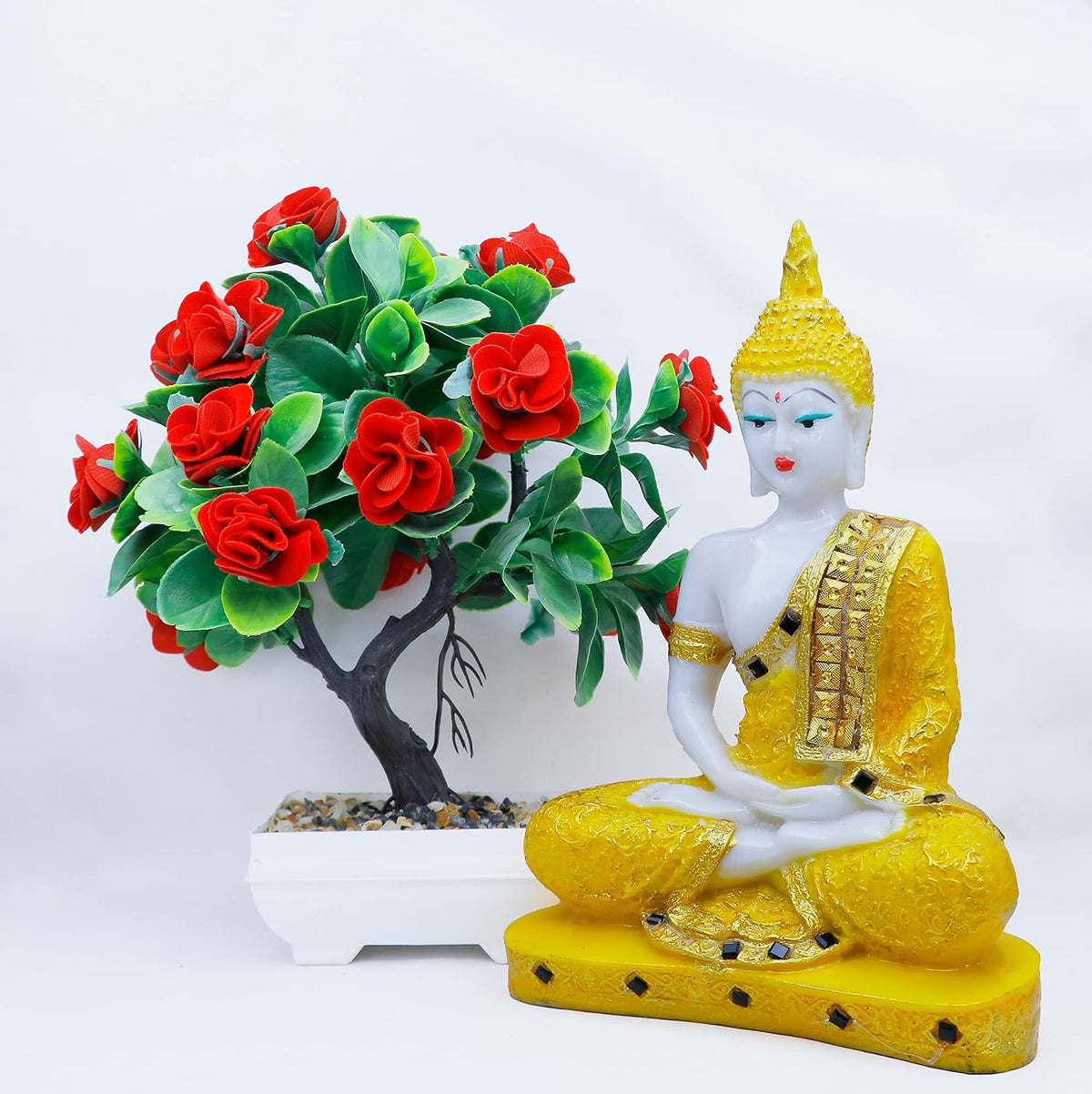 Gautam Buddha Statue for Spiritual Home Gautam Buddha Statue for Spiritual Home Handicrafts Sitting Buddha Idol Statue Showpiece with Artificial Plant (Golden Buddha & Japanese Red Rose)