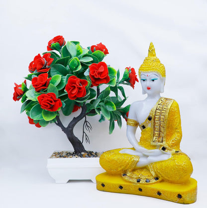 Gautam Buddha Statue for Spiritual Home Gautam Buddha Statue for Spiritual Home Handicrafts Sitting Buddha Idol Statue Showpiece with Artificial Plant (Golden Buddha & Japanese Red Rose)