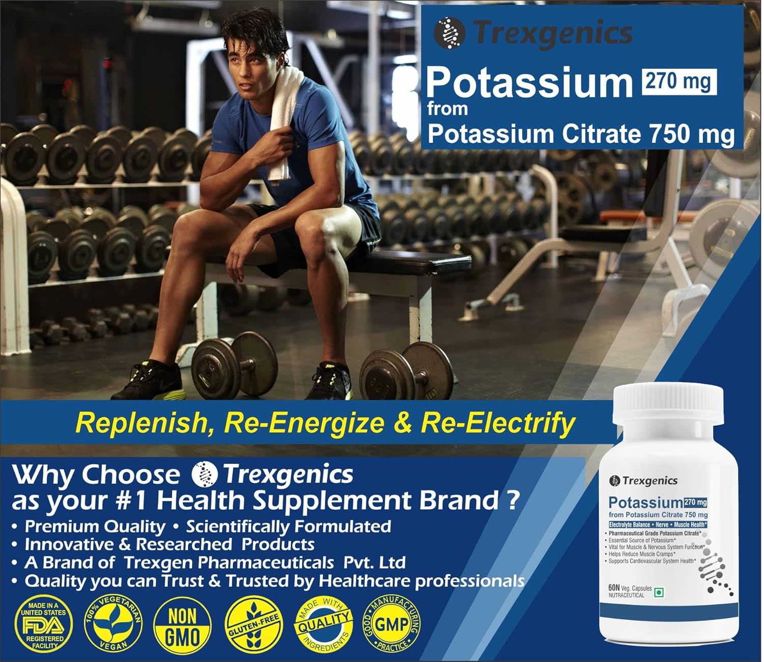 Person sitting on a gym bench with Trexegenics potassium supplement advertisement.