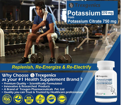 Person sitting on a gym bench with Trexegenics potassium supplement advertisement.