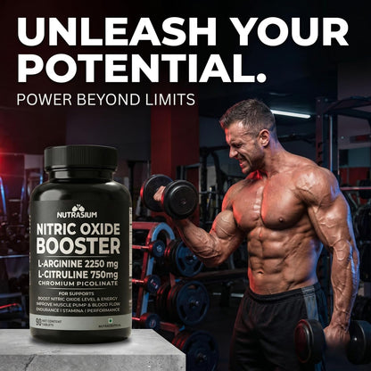 Nutrasium Nitric Oxide Supplement For Man | 2250 mg L-Arginine, 750 mg L-Citrulline with Chromium Picolinate For Supports Nitric Oxide Level, Improve Muscle Pump & Blood Flow, Boost Endurance, Stamina & Performance | 90 veg Tablets.
