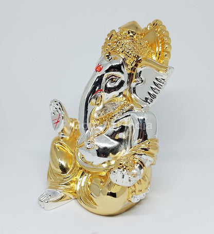 Gold Art India Gold and Silver Plated gaddi Ganesha Idol | Ganpati Bappa Murti | for Home Decor Puja Lord Ganesh Statue Gift for Office Desk Puja Room Figurine, Car Dashboard, House Warming (7.6 x 7.6 x 8.8)