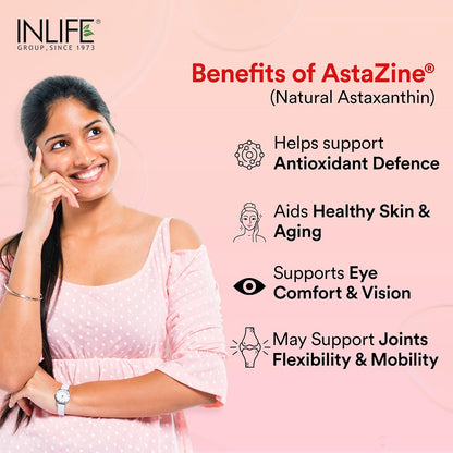 INLIFE Astaxanthin 4 mg Supplement AstaZine | Natural Antioxidant Supplement with Vitamin A, D3 & E – High Absorption Formula – 30 Liquid Filled Vegetarian Capsules