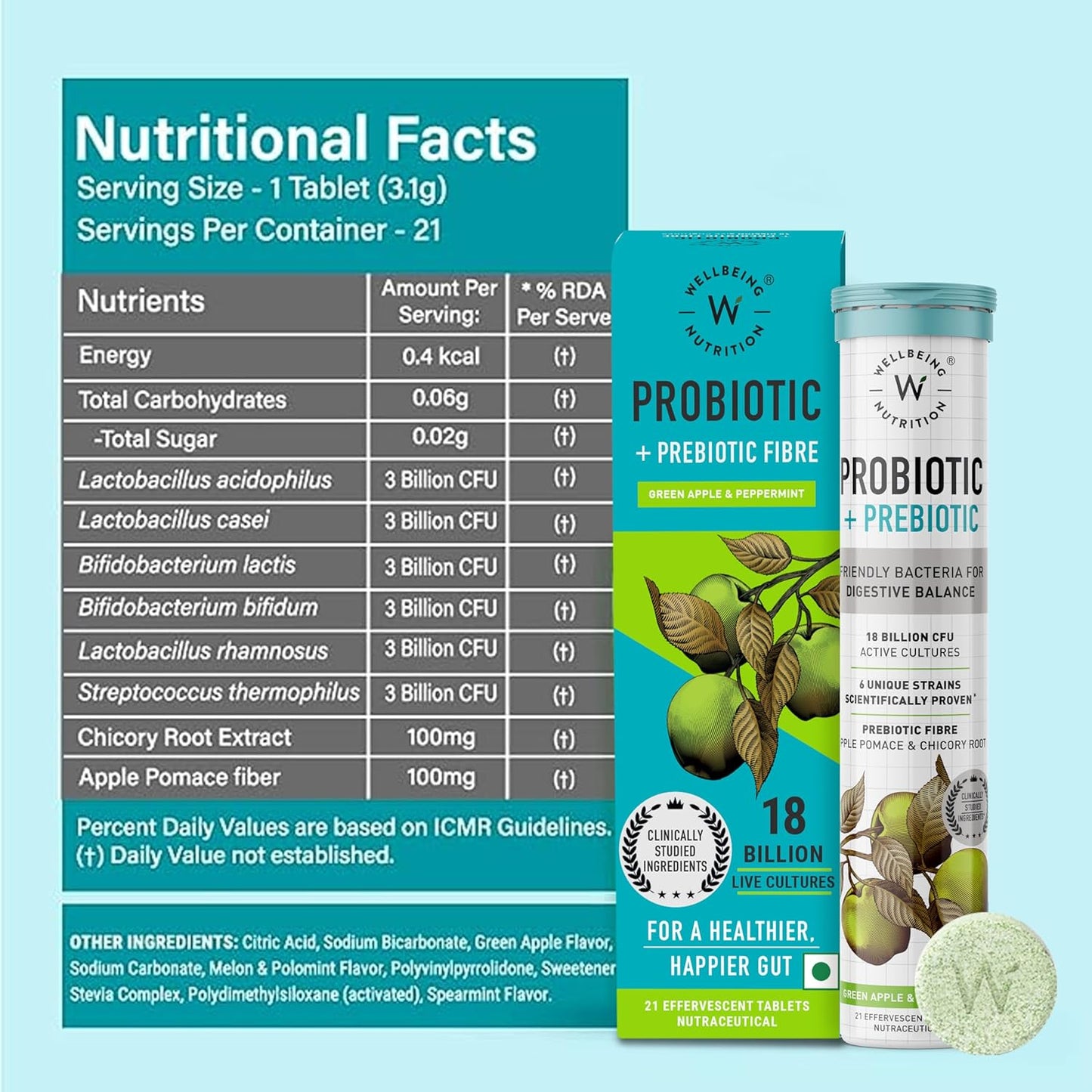Zephivo Wellbeing Nutrition Daily Probiotics + Prebiotics | Improve Metabolism, Acidity Relief, Digestion & Gut Health | 18 Billion CFU Organic Probiotics Supplement for Men & Women (21 Effervescent Tabs)