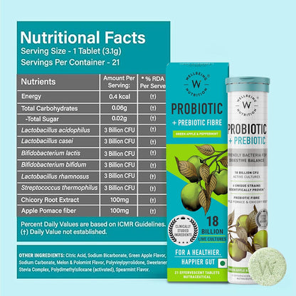 Zephivo Wellbeing Nutrition Daily Probiotics + Prebiotics | Improve Metabolism, Acidity Relief, Digestion & Gut Health | 18 Billion CFU Organic Probiotics Supplement for Men & Women (21 Effervescent Tabs)