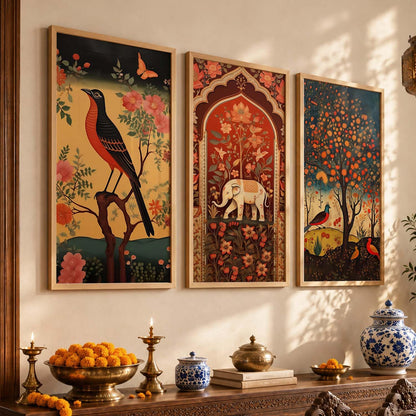 Art Wall Painting Indian Traditional Madhubani Home Decoration With Frame For Living Room Bed Room Hotel Wall Decor Digital Reprint Engineered Wood Set of 3 (Art 3, 10x19 inch)