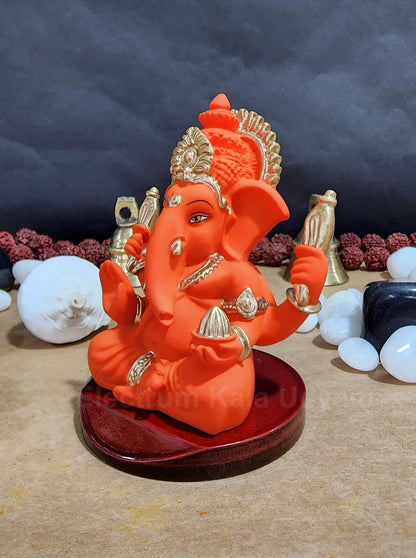 Handcrafted Poly Resin Ganesha Statue with Base - Perfect for Car Dashboard, Office Desk, Shelves, and Home Decor - Ideal Housewarming Gift! (4HandOrangeTerracottaMDf)