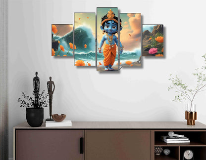 Bal krishna Paintings for Living Room | Painting for Wall Decoration | 3D Wall Art for Bedroom | Kanha Religious Wall Painting Set of 5 (75 x 45 cms) SANFPNLS35500