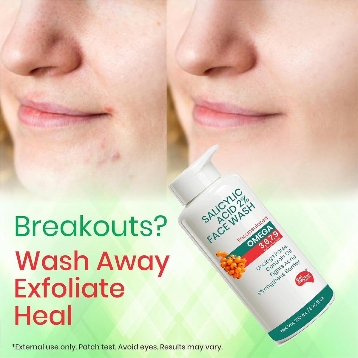 Facial wash bottle with text 'Breakouts? Wash Away Exfoliate Heal' on a blurred background of a person's face.