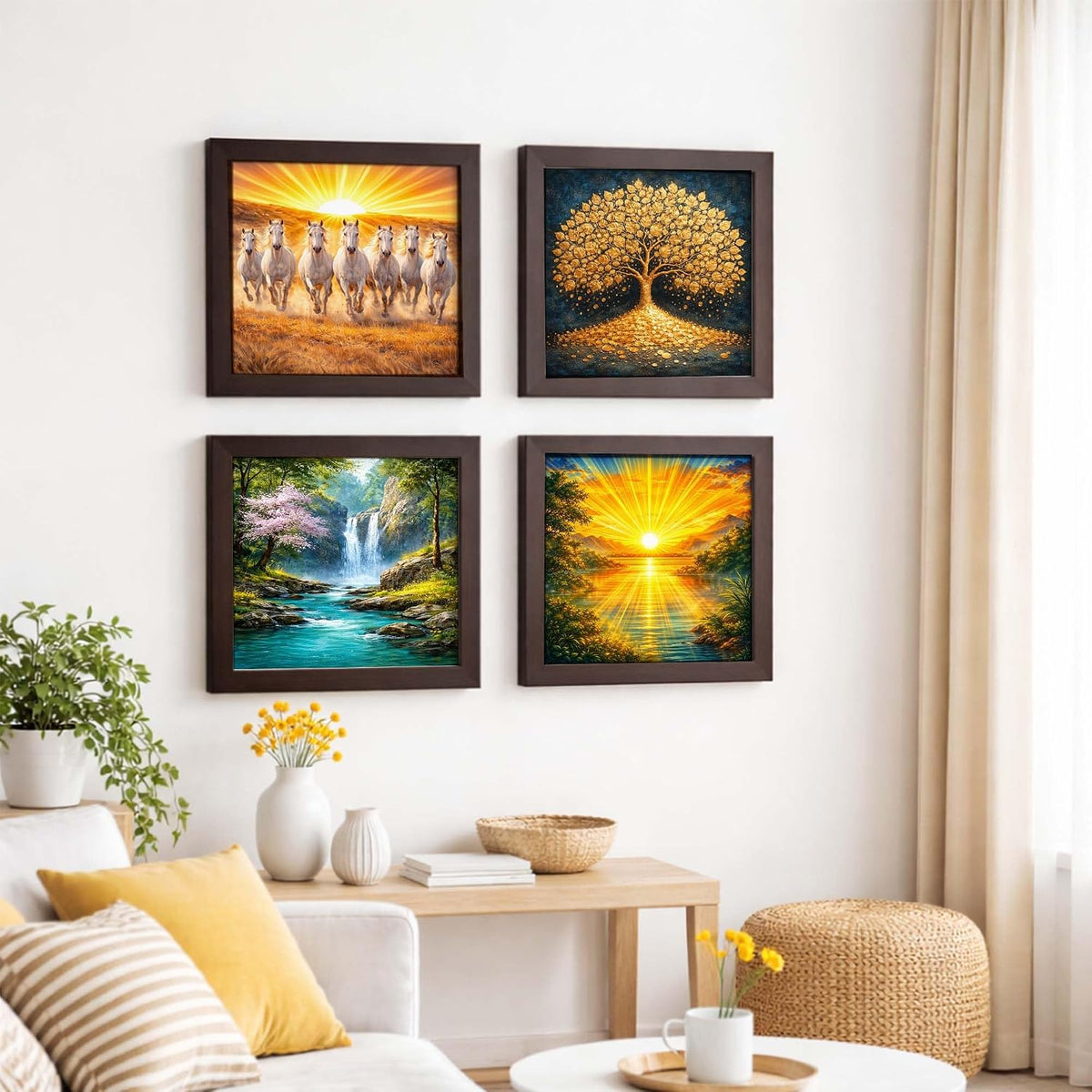 Vastu Combo Set | Rising Sun Sunrise | Waterfall Running Water | Golden Tree Kalpvriksh | Seven 7 White Running Horse | Set of 4 | Framed Poster