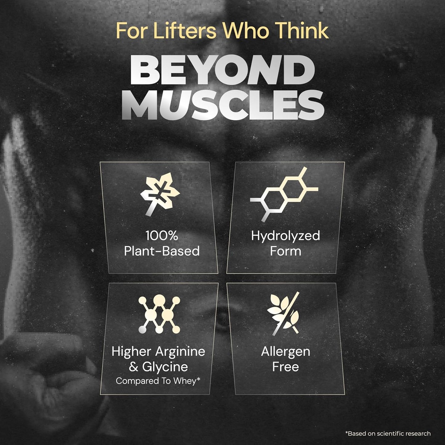 Advertisement for a supplement product for lifters, highlighting features like plant-based, hydrolyzed form, higher arginine & glycine, and allergen-free.