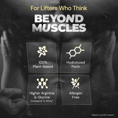 Advertisement for a supplement product for lifters, highlighting features like plant-based, hydrolyzed form, higher arginine & glycine, and allergen-free.