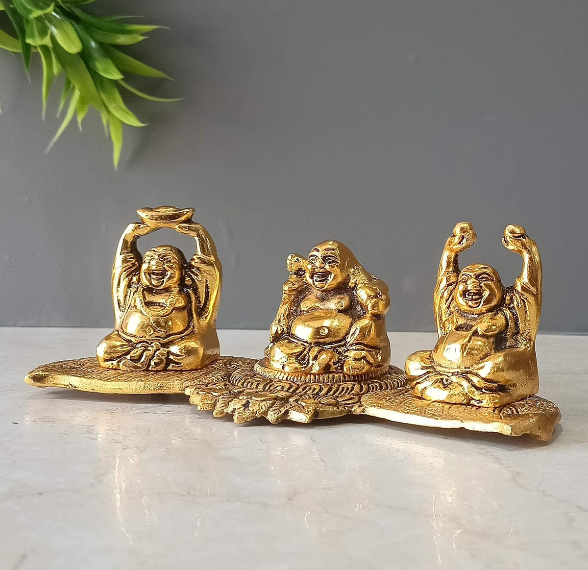 Metal Laughing Buddha Statue for Money, Wealth, Fengshui Vastu and Good Luck (Golden, 7.5 Inches Length x 2.8 Inches Height x 3 Inches Width), Idol