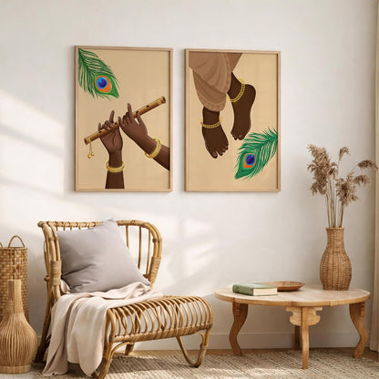 Krishna Flute Hands Charan Feet Wall Art Painting | Set of 2 Framed Paintings | Spiritual Decor for Living Room Mandir Pooja Room Bedroom | (ART 6, 13x19 INCHES)