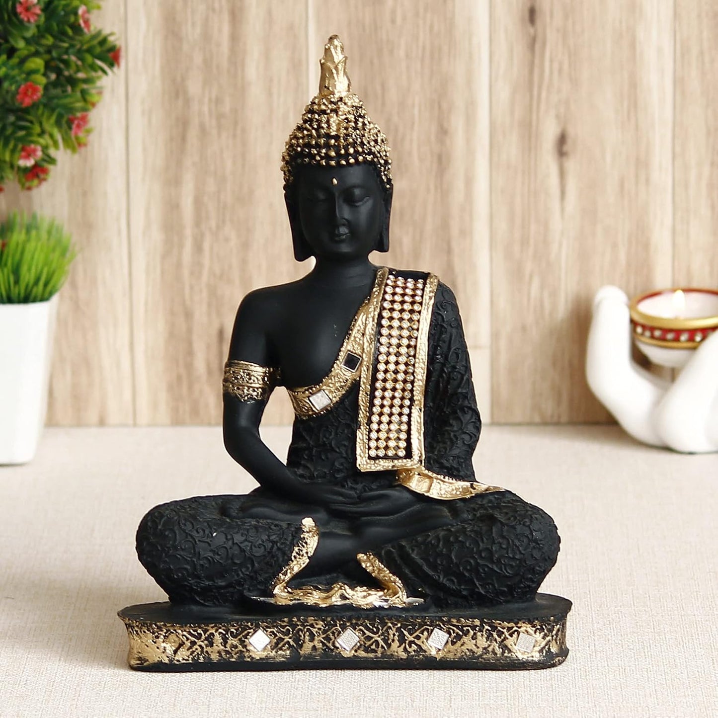 eCraftIndia Golden Black Resin Handcrafted Meditating Lord Buddha Idol for Home Decor | Gautam Buddha Statue for Living Room Office Meditation Yoga Spaces| Gift for Diwali Buddha Purnima Housewarming