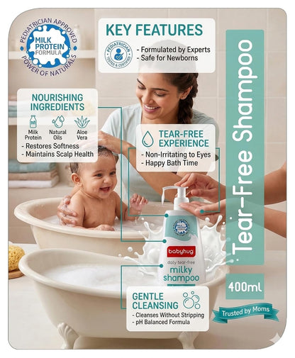BABYHUG Daily Tear-Free Milky Shampoo – Enriched with Milk Protein & Natural Oils Pack Of 1 (400ML) | Enriched with Milk Protein, Natural Oils
