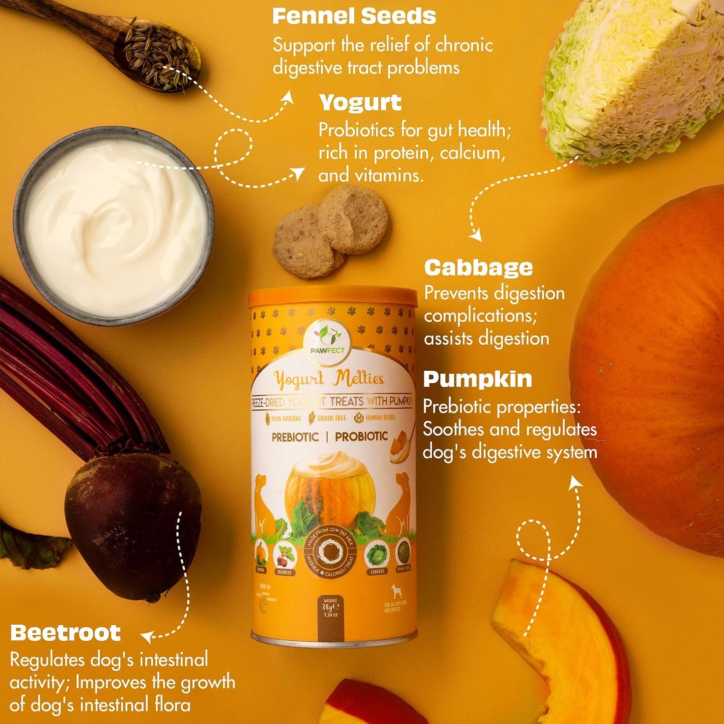 Pawfect Yogurt Melties Freeze Dried Pre and Probiotic Dog Treats with Pumpkin, Beetroot, Cabbage & Fennel Seeds- Healthy Gut- Low Calories- Grain & Gluten Free - Reward or Training Treats (38g/1.34oz)