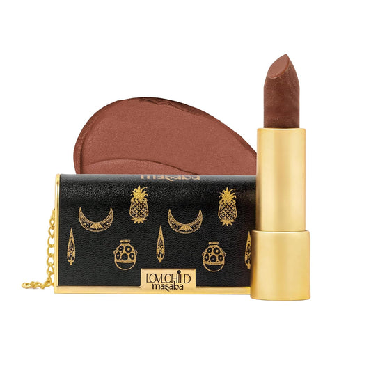 LoveChild Masaba "The Batua" Lipstick, Chai Khari (Nude Brown) Rich Satin Finish Lipstick with Built-in Mirror, Hydrating, Nourishing Formula with Jojoba Oil, 4g