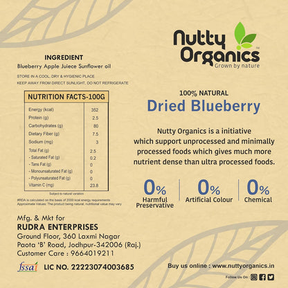 Nutty Organics No Refined Sugar Dried Blueberry, 100Gram, No Additives, 100% Pure & Healthy Snack For All Age (Dried Fruit)