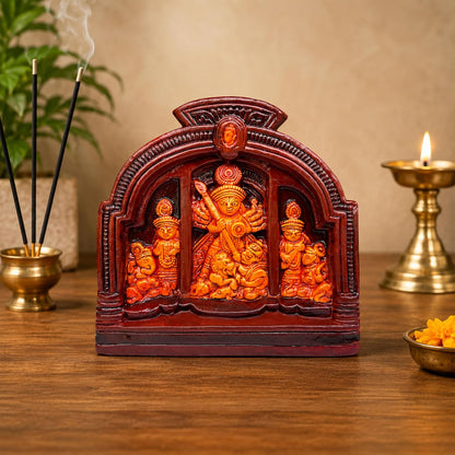 Maa Durga Murti Terracotta Idol | Sherawali Devi MATA Wall Hanging & Table Top Decor | Hand-Painted Durga Idol for Temple, Mandir, Home, Office Decoration & Gifting (12.5x12.5 CM)