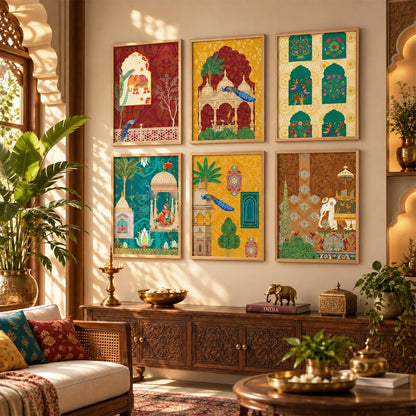 Indian Madhubani & Pichwai Wall Art | Traditional Framed Paintings for Living Room, Bedroom & Office Decor | Set of 6, 10x13 Inch
