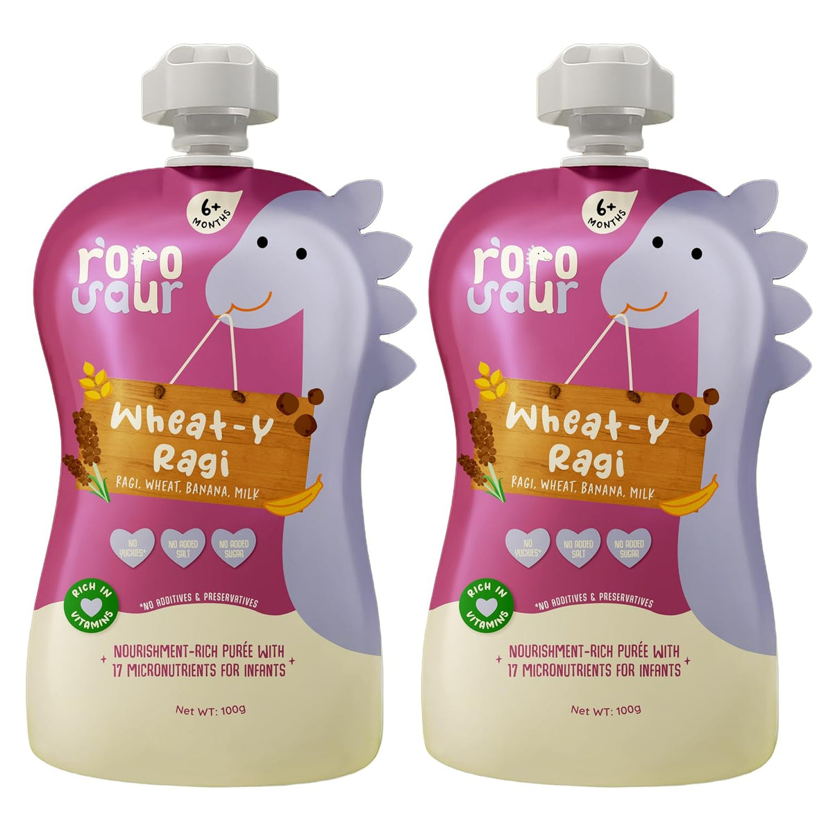 Rorosaur Ready to Eat Wheaty Ragi Baby Food Puree Pouch 100g each, Pk of 2 | Made with Ragi, Wheat, Banana Porridge for 6+ Months Baby | Easy to Digest, 100% Natural Healthy, No Preservatives, No Sugar