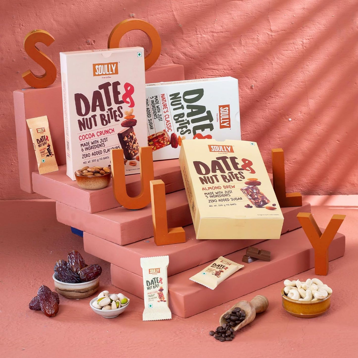 SOULLY Almond Brew Date & Nut Mini Energy Bars 200g (10 Bars x 20g) | Whole Dates, Roasted Almonds, Real Coffee & Pure Cow Ghee | Just 93 Calories Per Bar | No Added Sugar | No Preservatives | For Coffee Lovers