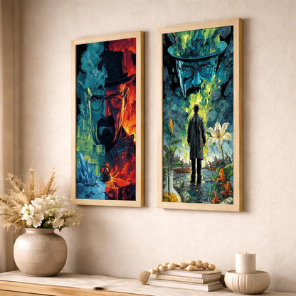 Minimalist Desert Wall Art Set of 2 Framed Prints | Sun & Moon Cactus Landscape Posters with Frame, Boho Neutral Abstract Nature Wall Decor, Scandinavian Aesthetic Artwork for Living Room, Bedroom, Office, Natural Wood Frames (Art-17, 10x19inch, Wooden)