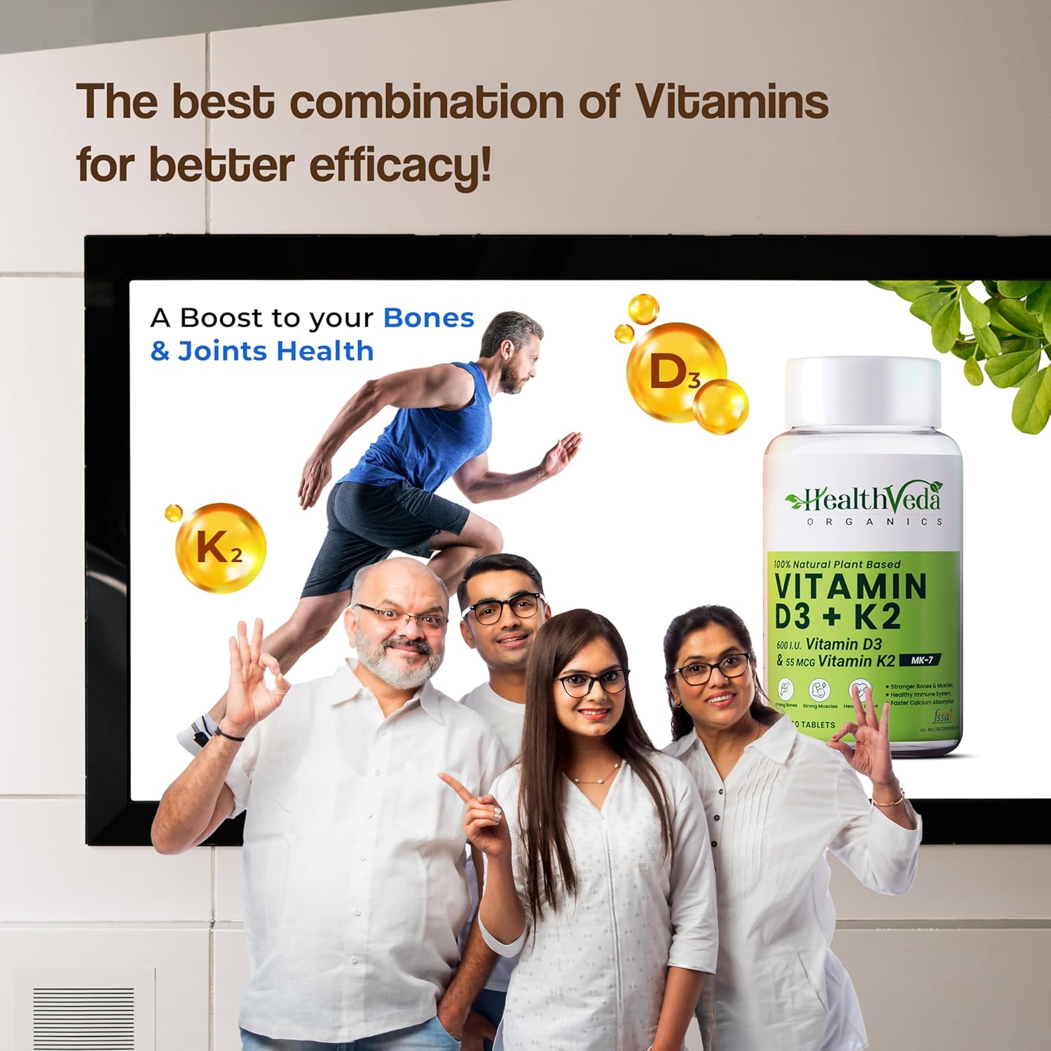 Zephivo HEALTH VEDA ORGANICS PRIVATE LIMITED Vitamin D3 (600 IU) + Vitamin K2 as Mk7 (55Mcg) | 60 Veg Tablets | Supports Healthy Bones, Boosts Immune System | For Men & Women