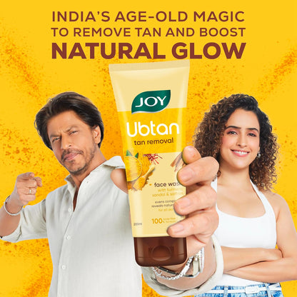 Two people holding a Ubtan tan removal product with text on a yellow background