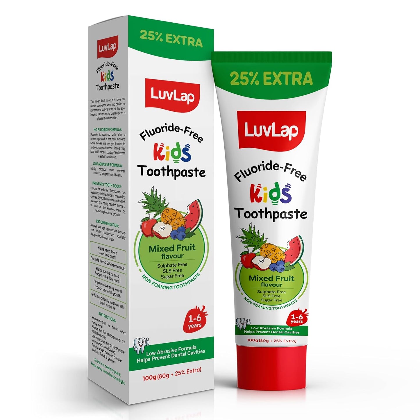 LuvLap Baby Toothpaste for Kids 80gm + 25% Extra, Mix Fruit Flavour, SLS & Fluoride Free Baby Toothpaste, Removes Plaque, Prevents Bacteria & Cavities, Ensures Healthy Teeth & Gums, 12M+(Pack of 1)
