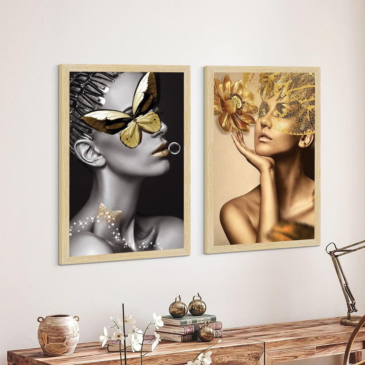 Women Aesthetic Wall Decor Paintings with Frame for Home Decoration, Painting for Living Room Bedroom Office, Wall Decor For Living Room, Set Of 2