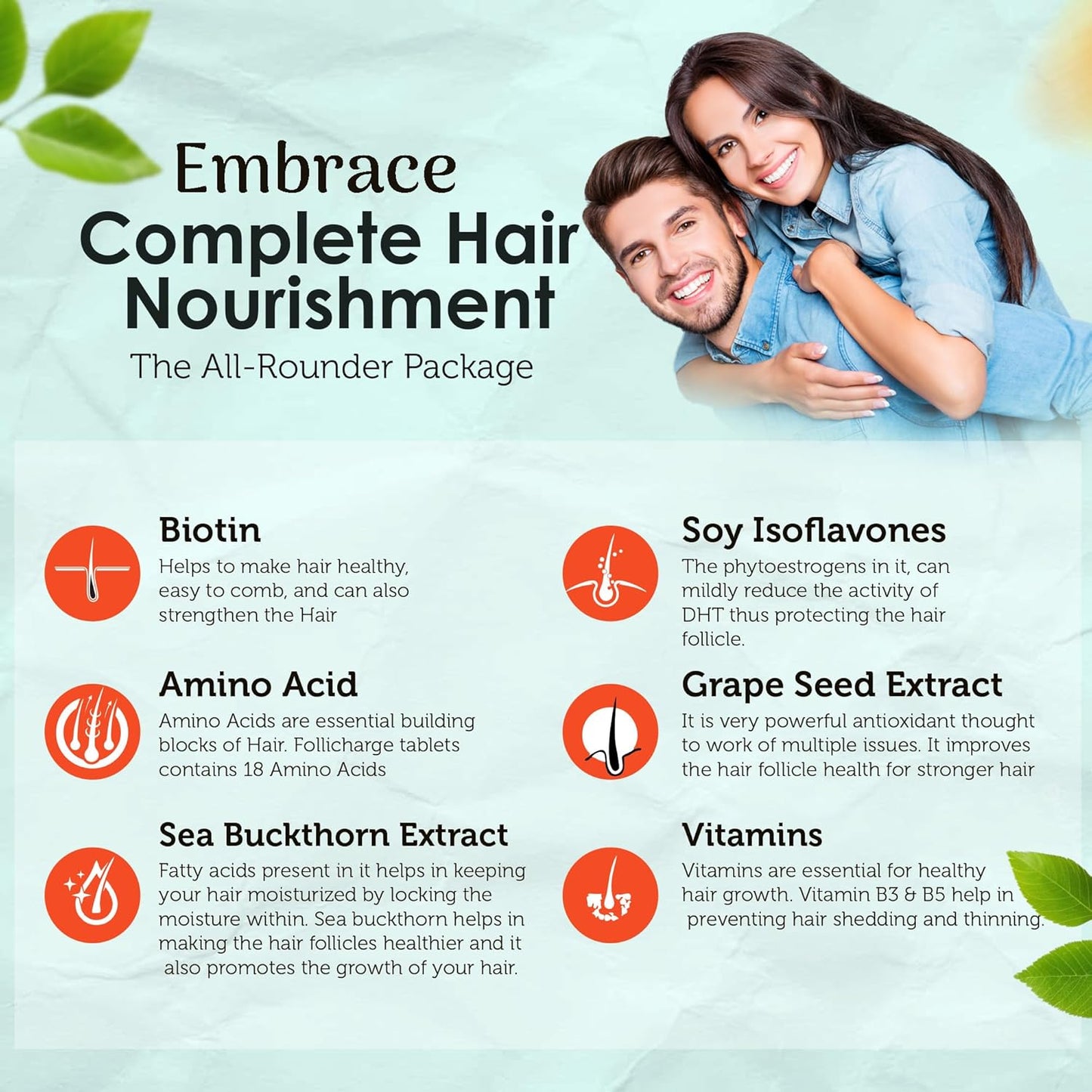Touche Wellness Follicharge Tablets for Hair & Skin - Premium Formula with Biotin 10000 mcg with 18 Amino Acids, Mutli Minerals & Multivitamins for Men And Women 30 Tablets Bottle