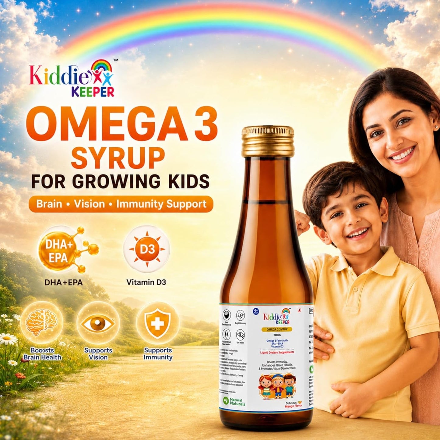 Omega-3 Fish Oil Syrup for Kids 4+ Years | DHA & EPA with Vitamin D3 | Mango Flavoured Liquid Supplement | No Added Sugar, No Preservatives | 200 ml