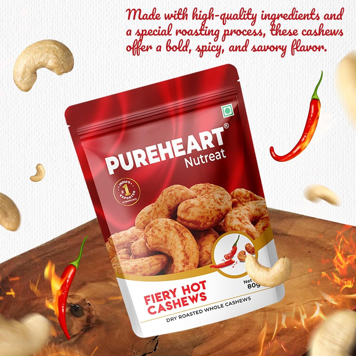 Pureheart Nutreat Fiery Hot Cashews, Premium Spicy Roasted Masala Cashew Nuts/Kaju Dry Fruit | Protein & Fiber Rich Chili Cashews| Crunchy Snack | No Artificial Colors, Flavors, Preservatives