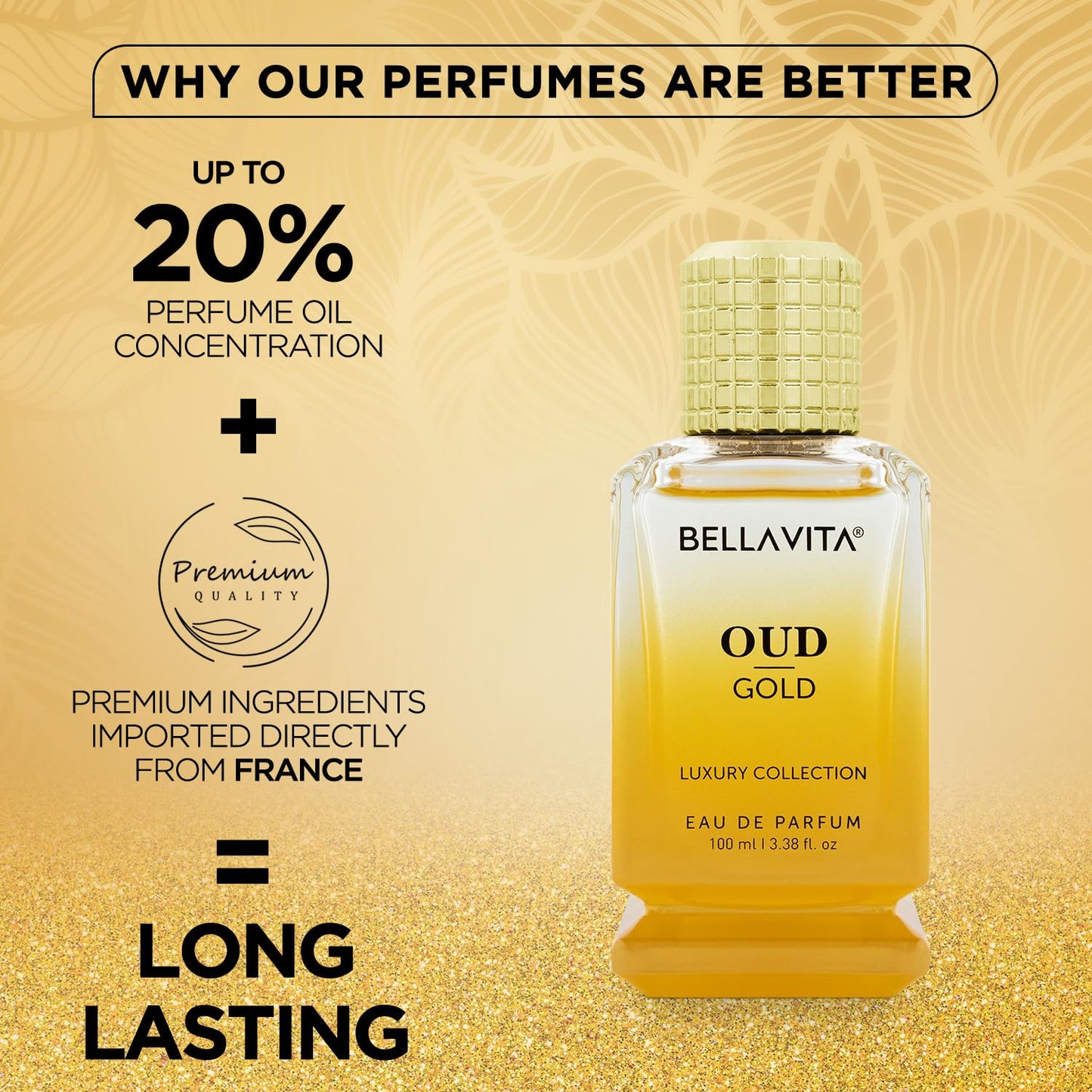 Bellavita Oud Gold perfume bottle with promotional text on a gold background